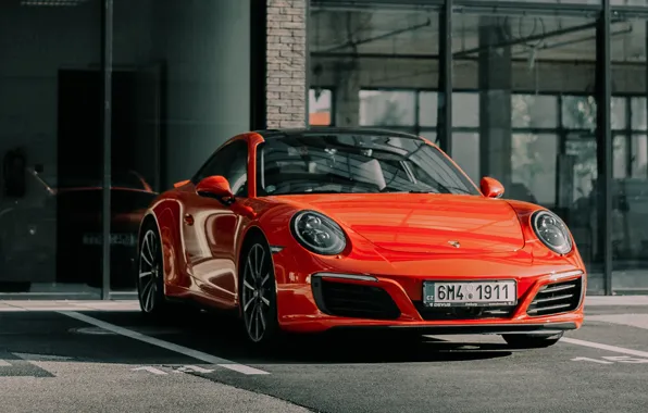 Красный, отражение, фары, спорткар, porsche, вид спереди, porsche 911