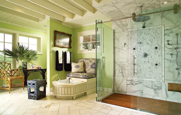 Картинка пальма, полотенце, кресло, окно, душ, ванная, столик