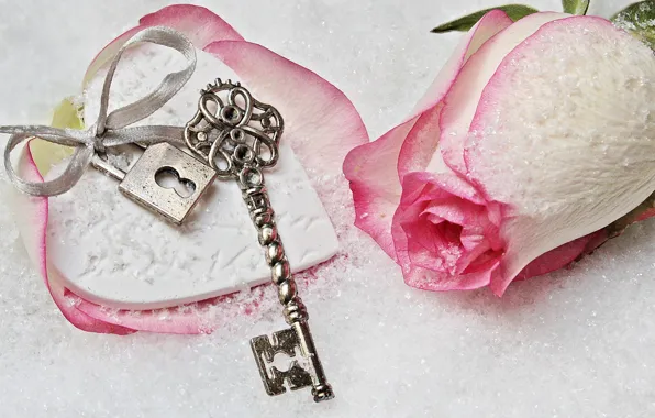 Картинка love, rose, heart, winter, snow, key, romantic, lock