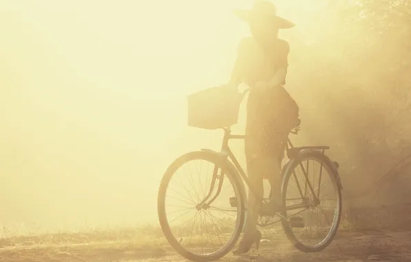 Картинка асфальт, девушка, солнце, велосипед, фон, земля, обои, корзина