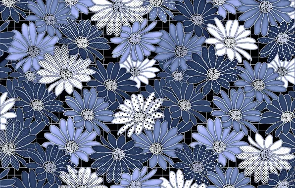 Цветы, синий, фон, Background, Pattern, Floral
