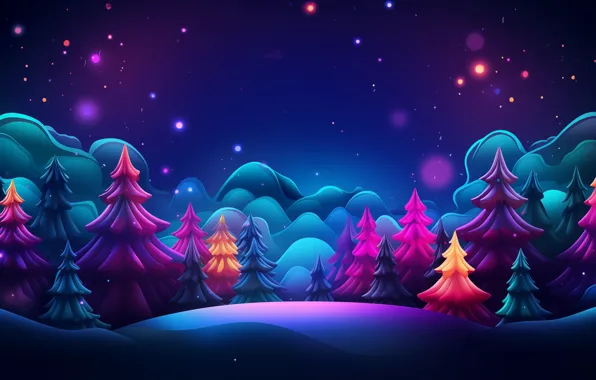 Зима, лес, снег, ночь, огни, темнота, сияние, темный фон