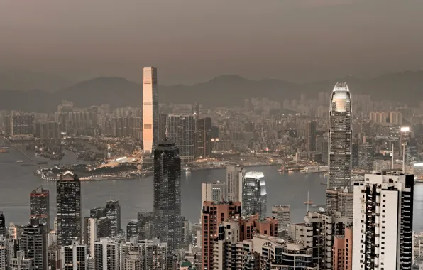 Море, горы, Гонконг, небоскребы, порт, панорама, Китай, мегаполис