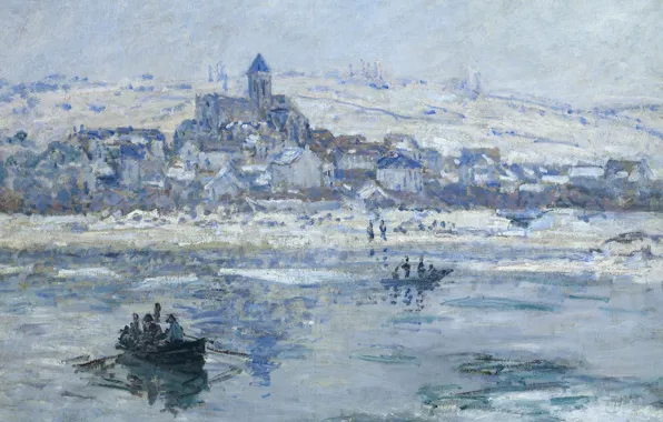 Картинка пейзаж, река, лодка, картина, Клод Моне, Ветёй Зимой