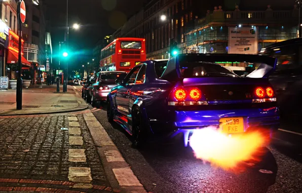 Картинка fire, Nissan, GT-R, cars, Skyline, London, R33
