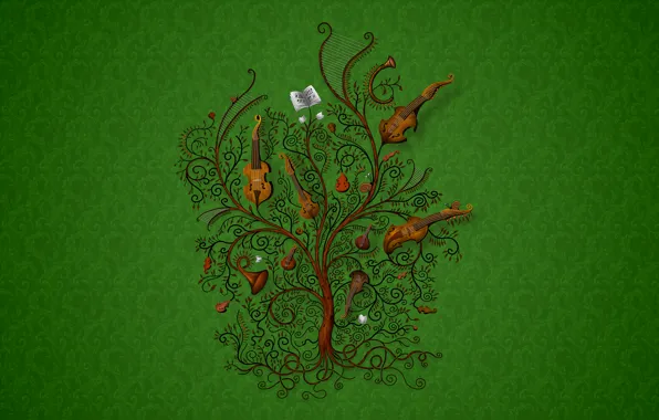 Картинка музыка, дерево, Зеленый, инструменты