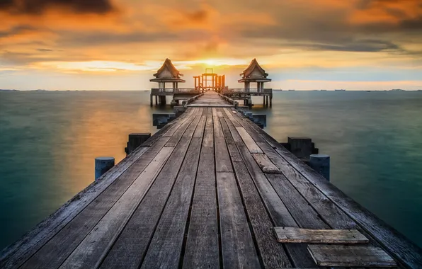 Картинка morning, sunrise, thailand, phuket, pier, Wooded bridge, pattaya