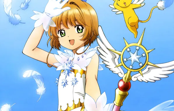 Небо, улыбка, крылья, ангел, девочка, Card Captor Sakura, Сакура - собирательница карт