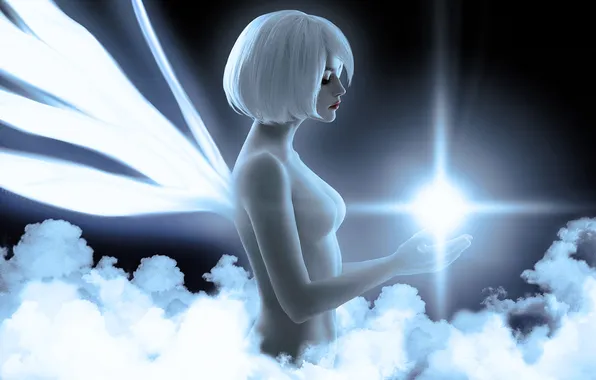 Девушка, облака, свет, крылья, блондинка, образ, косплей, Evangelion