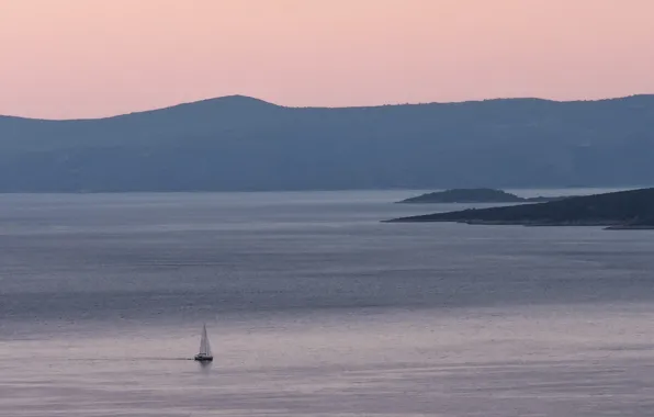 Море, острова, побережье, лодка, утро, парус, дымка, мгла
