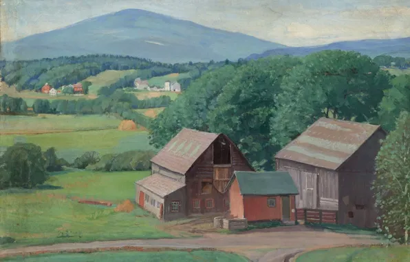 Пейзаж, дом, картина, Karl Albert Buehr, Карл Альберт Бюр, Вермонтская Ферма