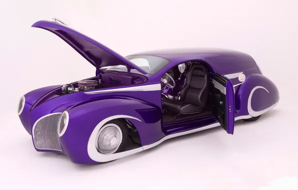 Машины, на белом фоне, фиолетовая машина, низкая посадка, открыты дверь и капот, lincoln custom