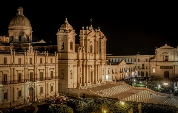 Картинка ночь, огни, Италия, Кафедральный собор, Сицилия, Ното