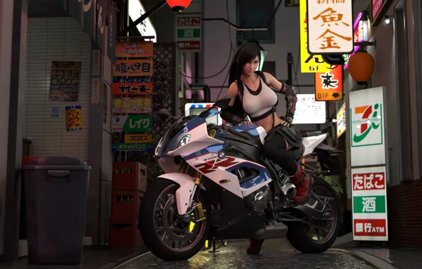 Картинка bicycle, Final Fantasy, black stockings, night, red eyes, street, women, brunette