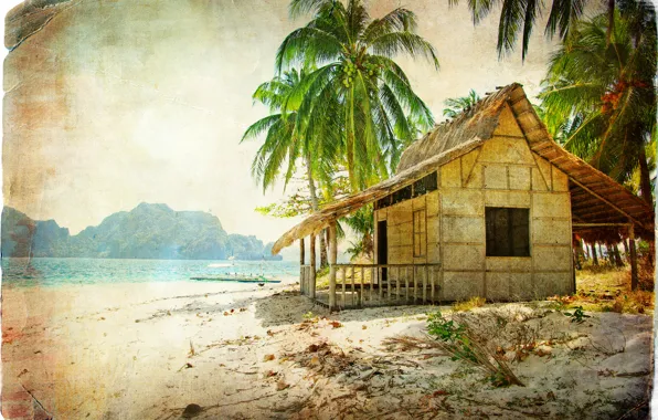 Картинка море, пляж, пальма, хижина, кораблик, vintage, винтаж, кокосы