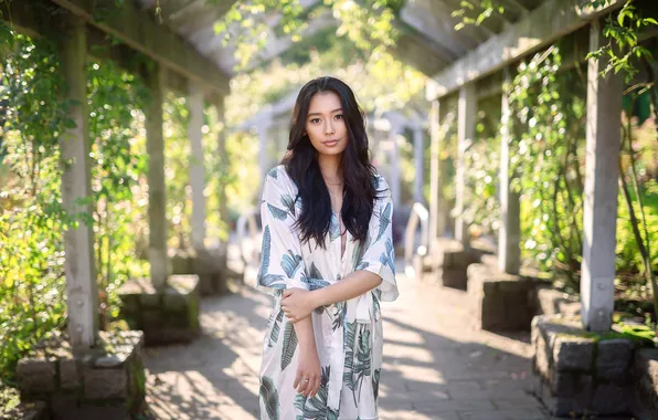 Картинка dress, model, women, brunette, depth of field, looking at viewer, Asian, frontal view