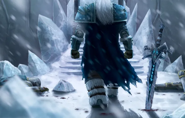 Картинка зима, снег, меч, льды, метель, трупы, wow, world of warcraft