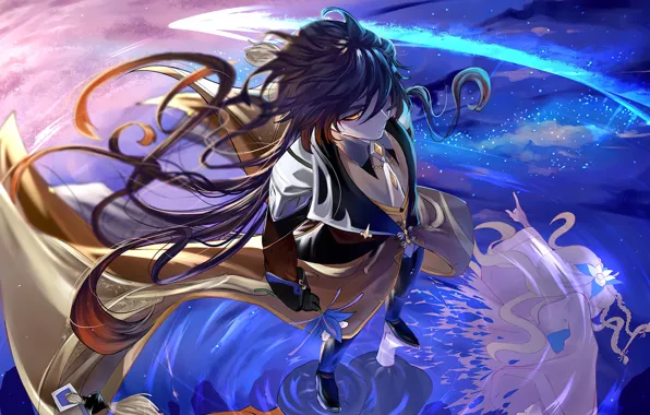 Цветок, космос, аниме, character, flower, длинные волосы, long hair, anime
