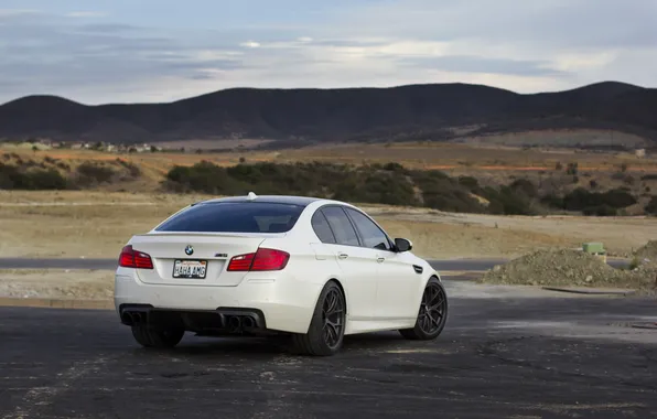 Картинка горы, BMW, БМВ, вид сзади, f10, линия горизонта, matte white, белый матовый