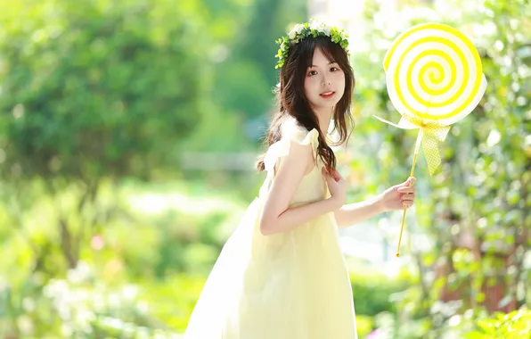 Beautiful, Candy, Asian, Model, Woman, Pretty, Lollipop, Sunlight