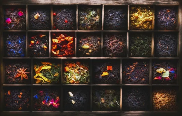 Картинка чай, ящик, ячейки, разные сорта, 101 чай