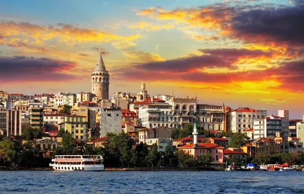 Закат, city, город, корабль, паром, nature, sunset, Стамбул