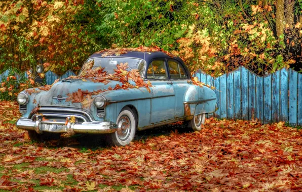 Осень, деревья, ретро, листва, забор, HDR, автомобиль, «Oldsmobile»