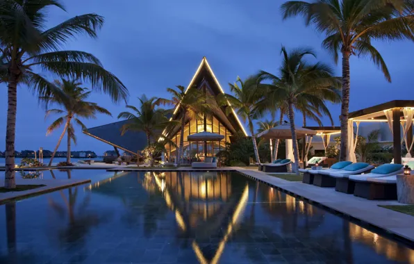 Пальмы, океан, вечер, бассейн, курорт, Maldives, Jumeirah Vittavelli