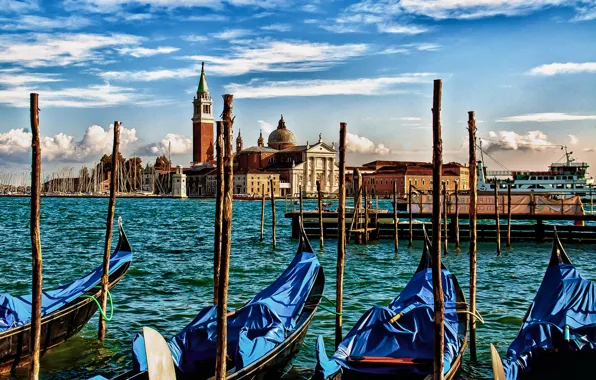 Море, лодка, Италия, Венеция, канал, стоянка, гондола