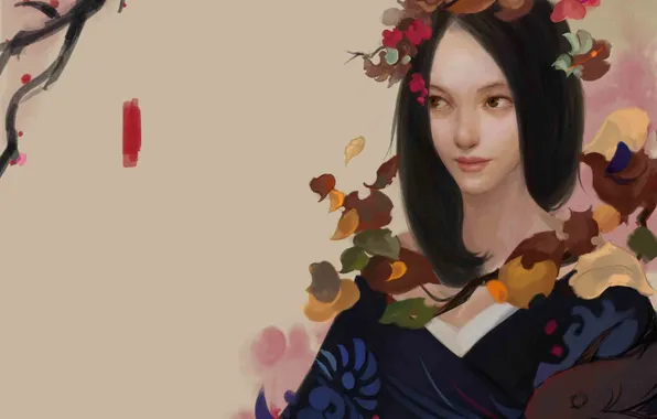 Картинка девушка, цветы, фон, рыба, арт
