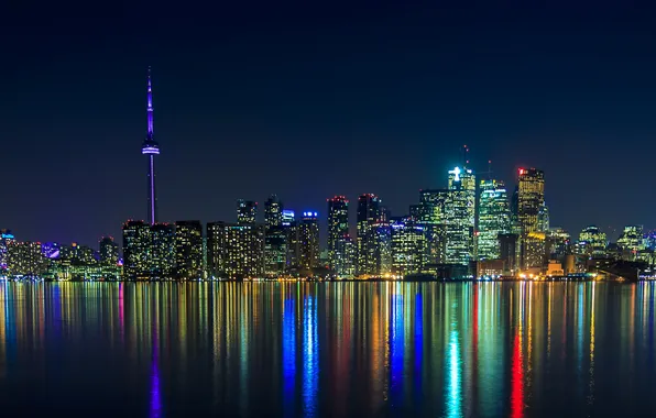 Ночь, город, огни, отражение, панорама, Canada, небоскрёбы, Toronto