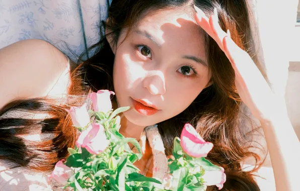 Beautiful, Asian, Model, Flowers, Woman, Bouquet, Sofa, Cute