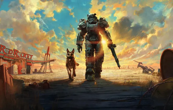 Картинка city, gun, sky, desert, weapon, cloud, dog, sand