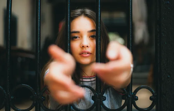Girl, Brunette, Fence, Hand, Sight