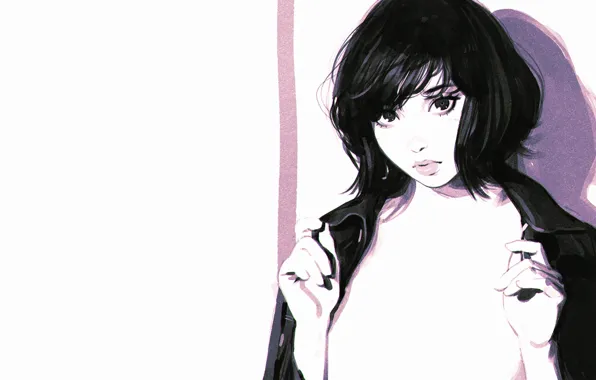 Картинка short hair, women, brunette, jacket, simple background, Ilya Kuvshinov