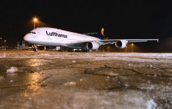 Зима, Ночь, Самолет, Лед, Аэропорт, A380, Lufthansa, Airbus