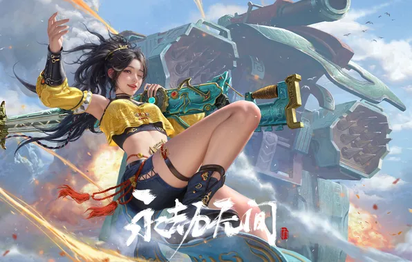 Картинка long hair, ponytail, women, asian, girls with guns, bent legs, looking at viewer, one arm …