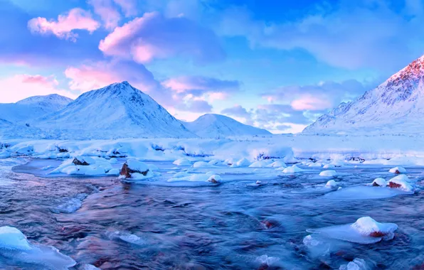 Картинка зима, снег, горы, природа, река