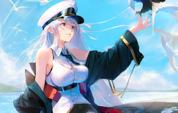 Girl, sexy, beach, Enterprise, blouse, thighhighs, long hair, sea