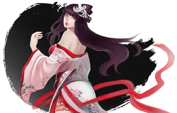Картинка девушка, рисунок, арт, лента, кимоно, syusuke0229