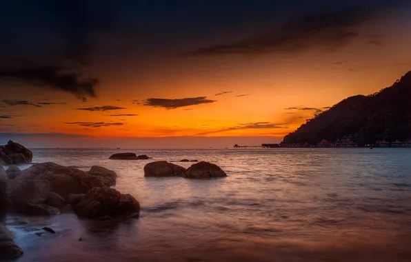 Пляж, скалы, рассвет, гора, Malaysia, Langkawi, Andaman Sea