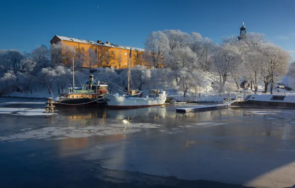 Картинка зима, вода, снег, дом, корабль