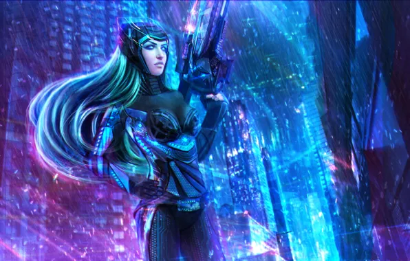 Девушка, город, оружие, art, League of Legends, fan art, Caitlyn, LoL