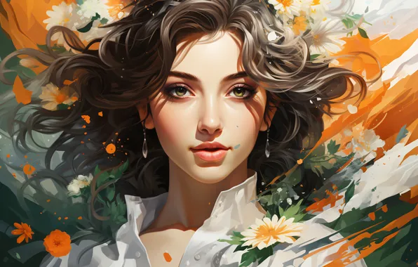 Девушка, Взгляд, Волосы, Цифровое искусство, ИИ-арт, Искусство искусственного интеллекта, Нейросеть