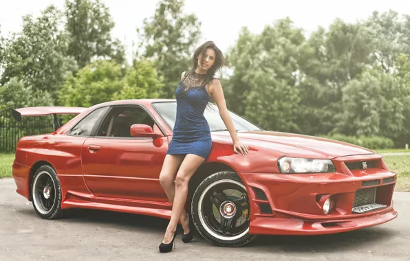 Girl, Nissan, Red, Beautiful, Sexy, Model, Skyline, R34
