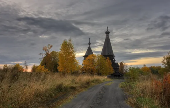 Картинка осень, вечер, деревня, церковь, Ленинградская область, Гимрека