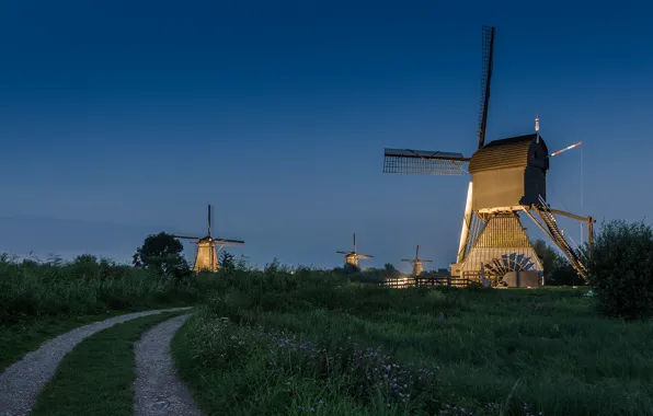 Картинка дорога, небо, вечер, Нидерланды, ветряная мельница