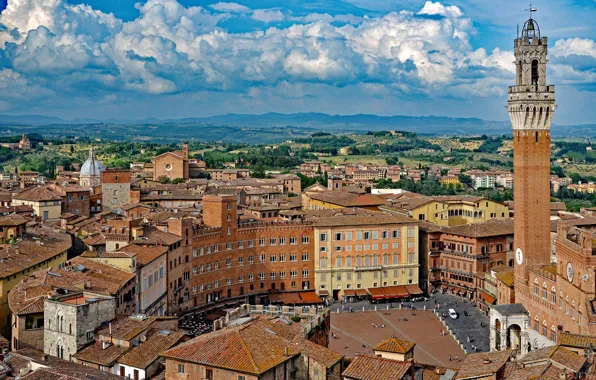 Картинка облака, здания, башня, дома, площадь, Италия, панорама, Italy