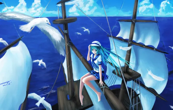 Картинка небо, девушка, облака, океан, корабль, высота, чайки, аниме