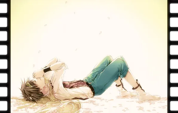 Картинка кадр, лепестки, шарф, слезы, лежит, парень, Son Goku, Saiyuki